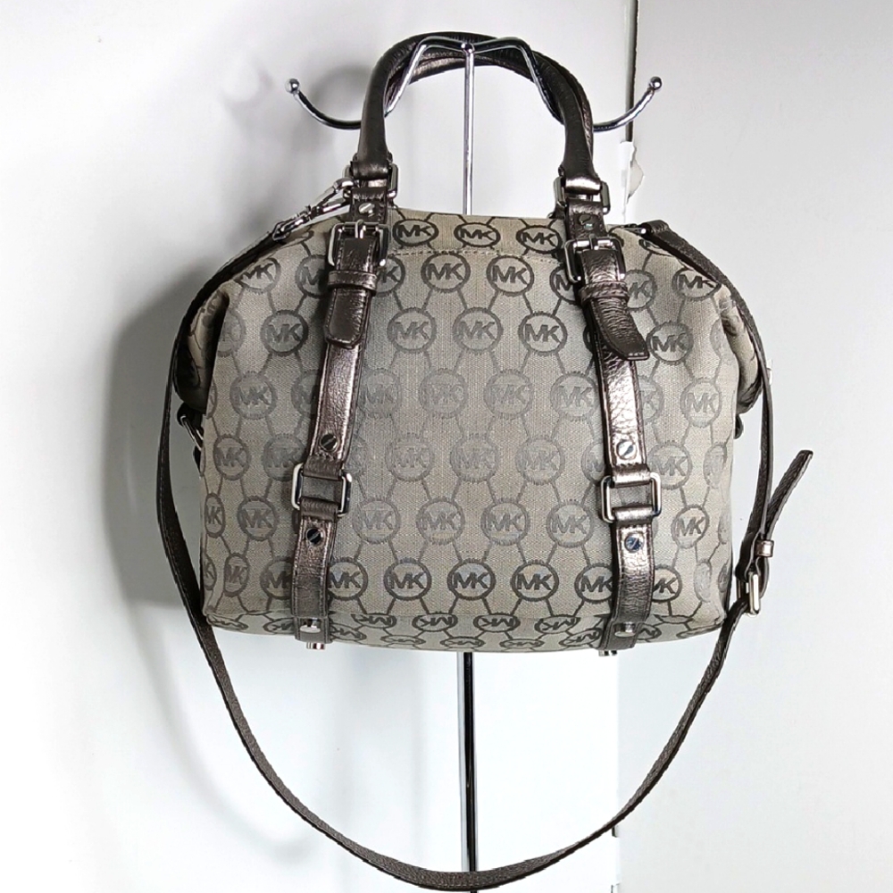 Michael Kors-Bedford-Monogram MK- Jacquard Satchel/Shoulder Bag -Gray
